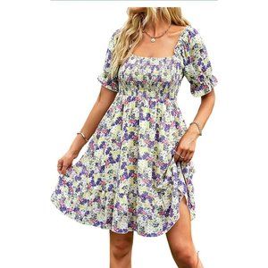 Womens Dress XL Square Neck Short Puff Sleeve Backless Ruffle Mini Floral